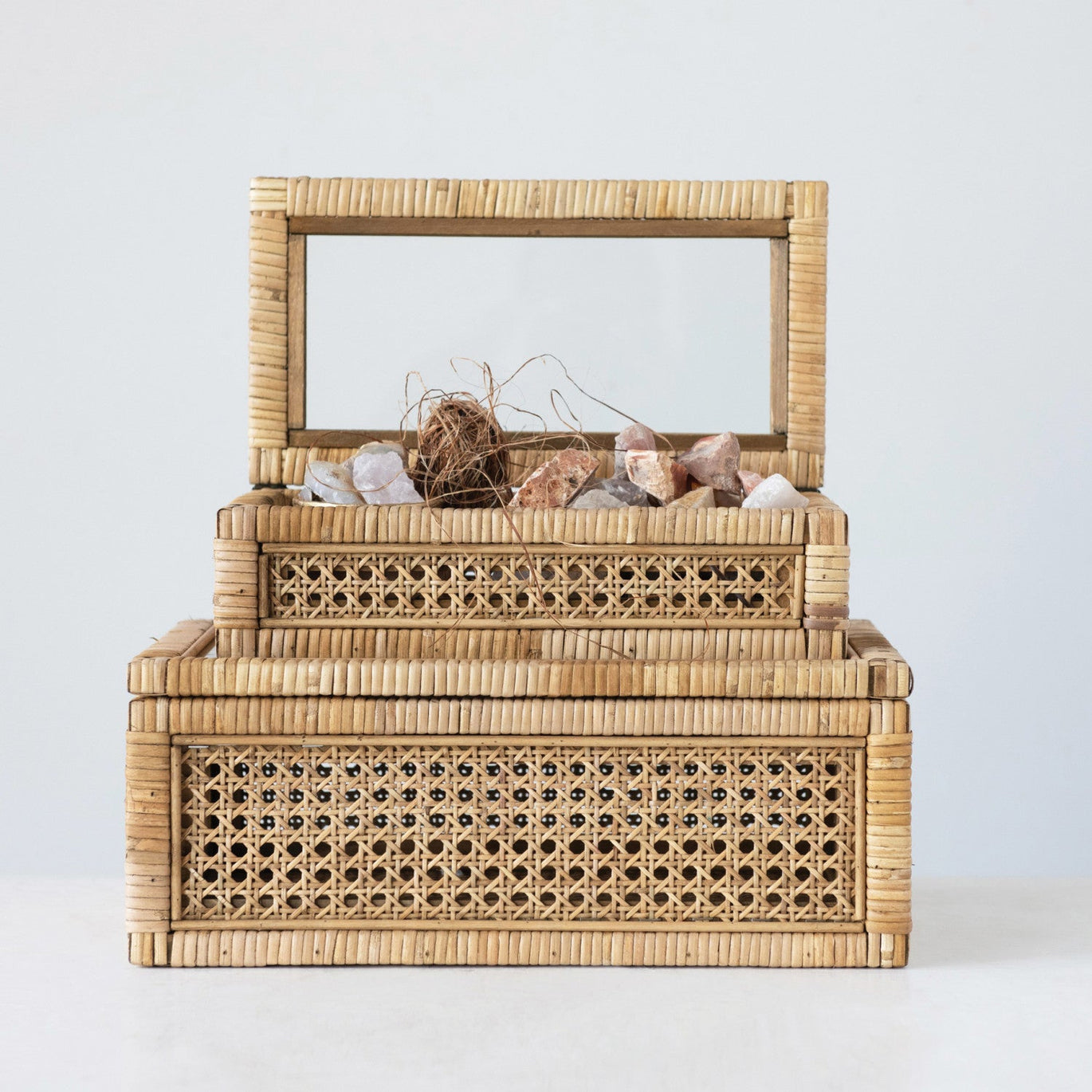Woven Rattan Wood Display Boxes with Glass Lid | 2 Sizes - SwagglyLife Home & Fashion